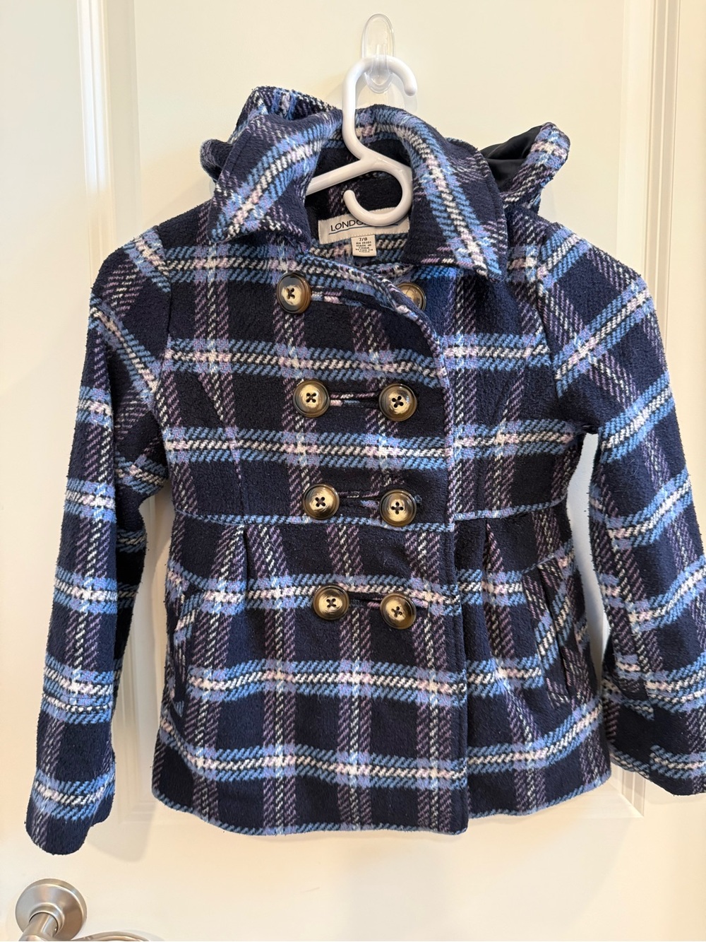 London Fog Girls Navy and Light Blue Plaid Double-Breasted Pea Coat